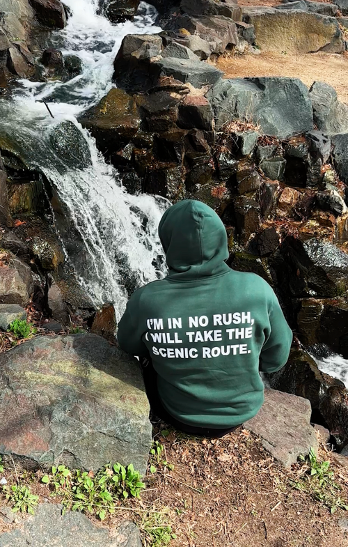 Someone in the retro green Entry 001 hoodie, sitting on rocks beside a waterfall with their back to the camera.