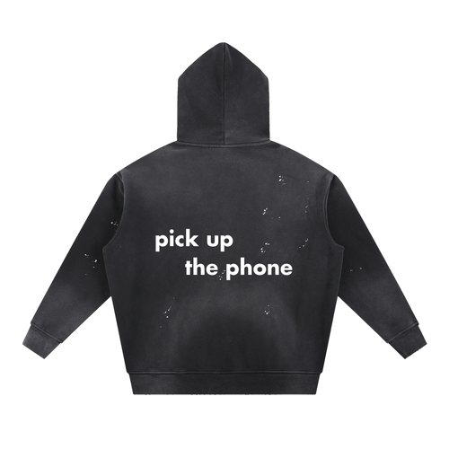 Entry 000 logo hoodie in black, shown from the back, with pick up the phone printed across the shoulders.