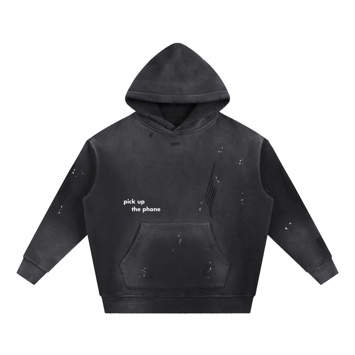 Entry 000 logo hoodie in black, shown from the front, with a small pick up the phone logo at the chest.