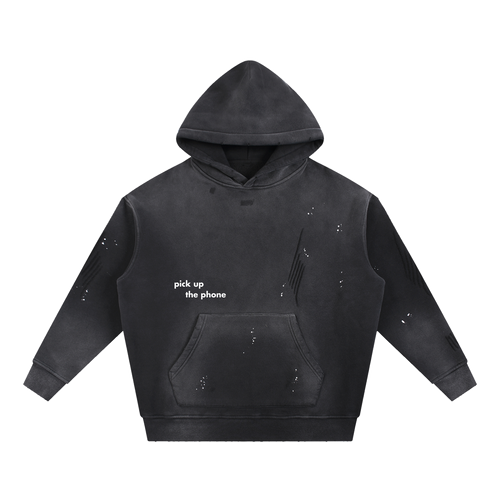 Entry 000 logo hoodie in black, shown from the front, with a small pick up the phone logo at the chest.