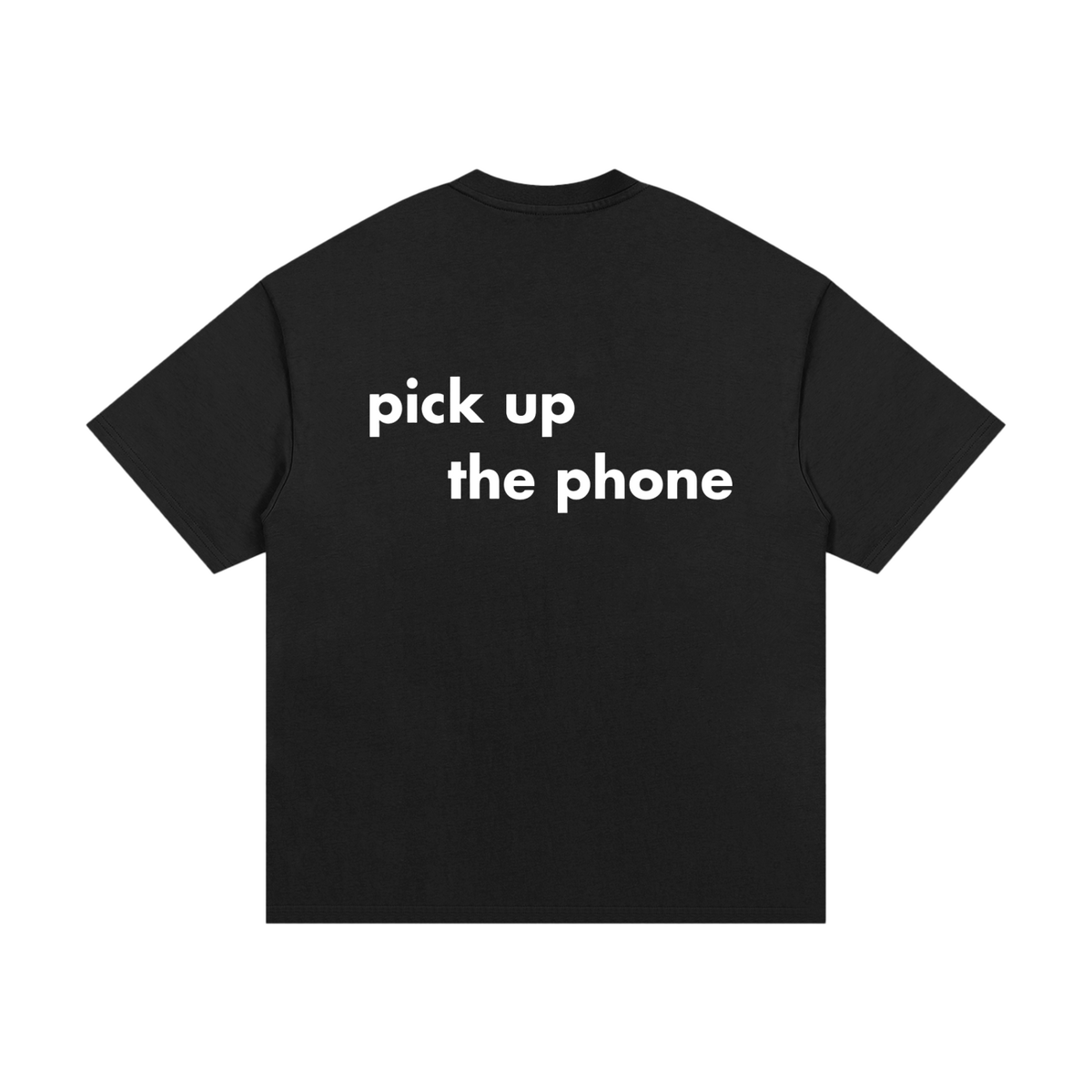 Entry 000 logo tee in black, shown from the back, with pick up the phone printed across the shoulders.
