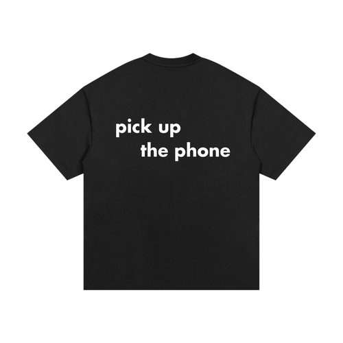 Entry 000 logo tee in black, shown from the back, with pick up the phone printed across the shoulders.