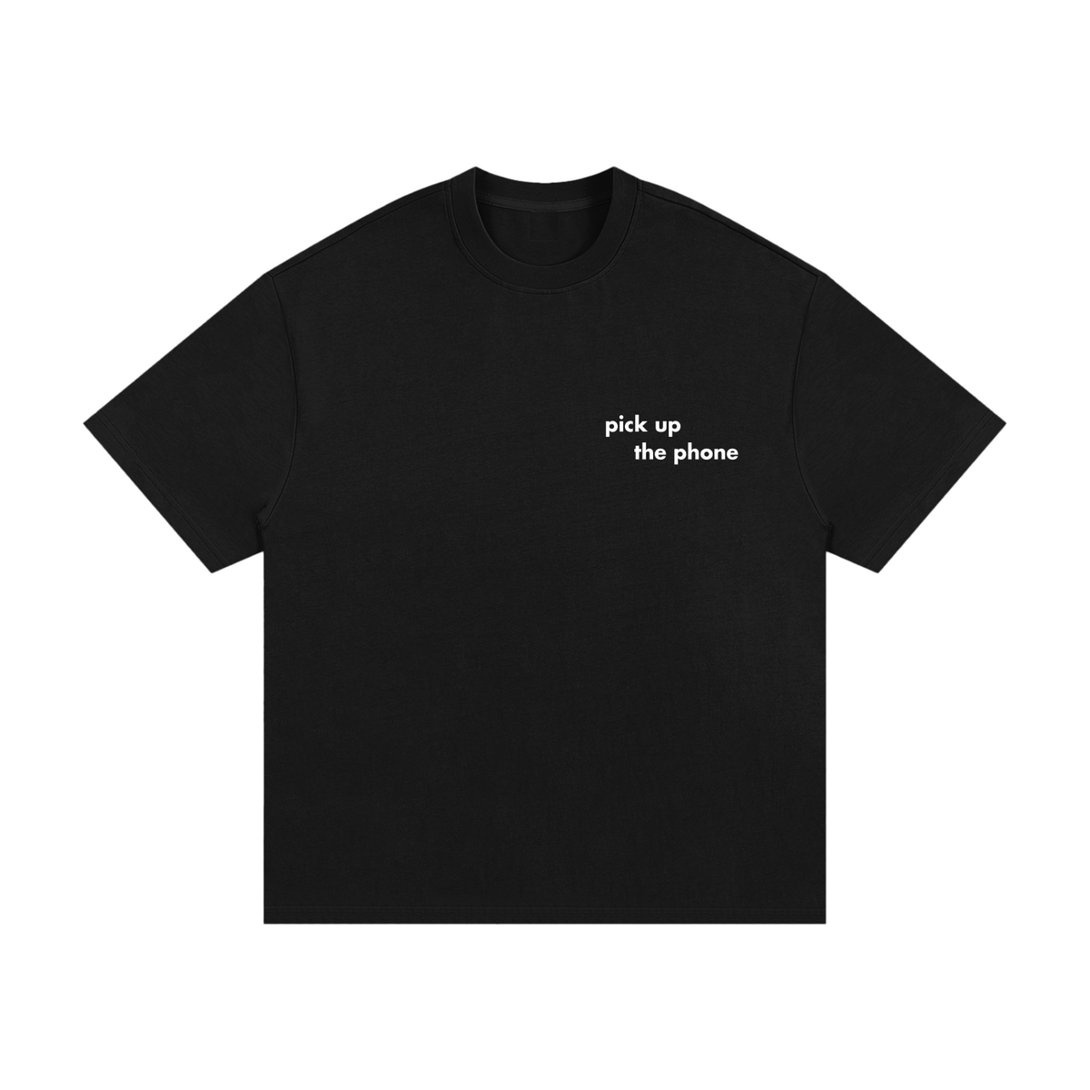 Entry 000 logo tee in black, shown from the front, with a small pick up the phone logo at the chest.