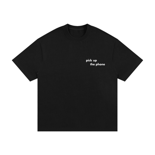 Entry 000 logo tee in black, shown from the front, with a small pick up the phone logo at the chest.