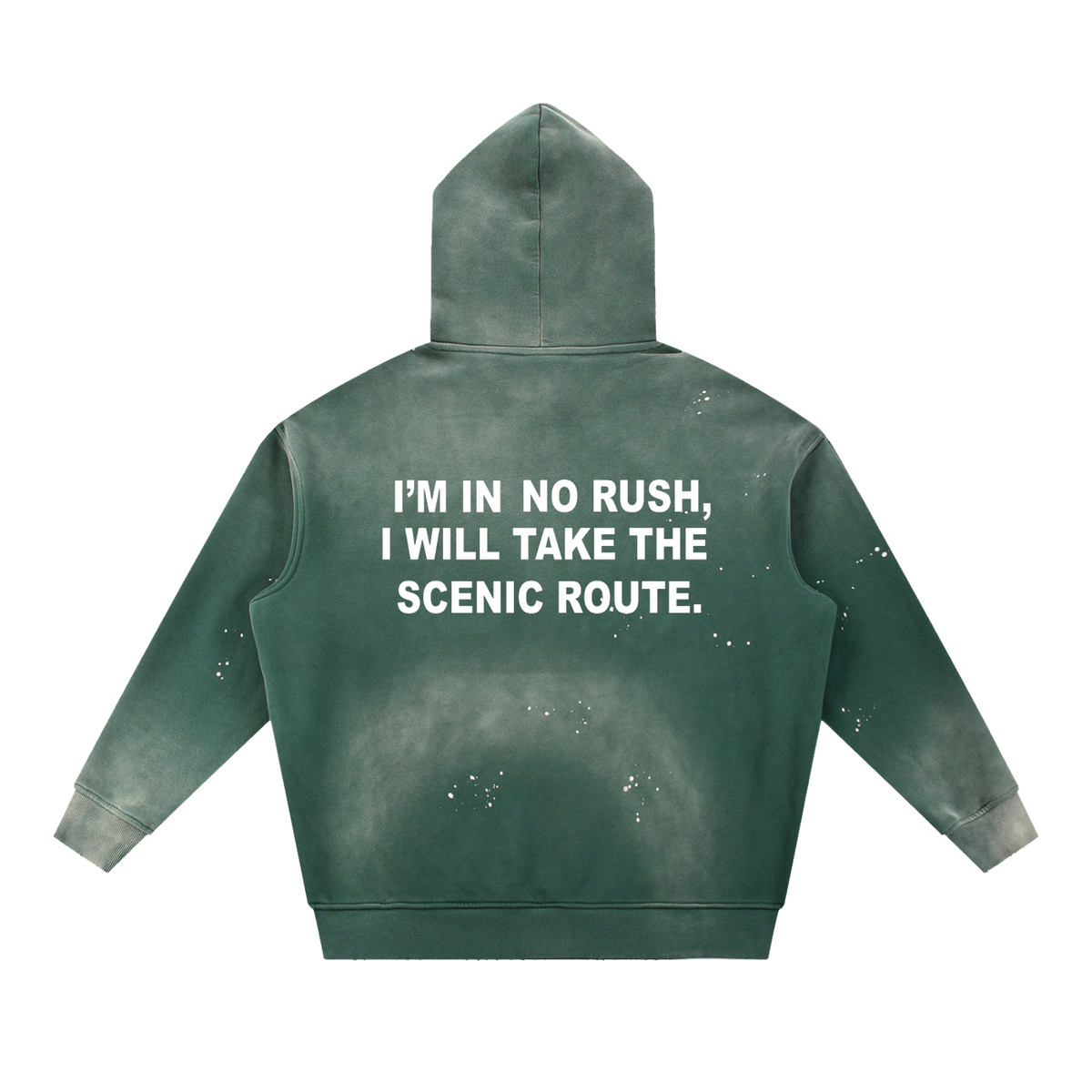 Entry 001 hoodie in retro green, shown from the back. Printed across the shoulders: i'm in no rush, i will take the scenic route.