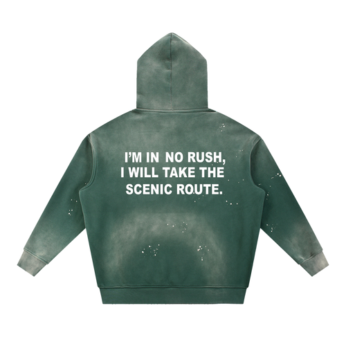 Entry 001 hoodie in retro green, shown from the back. Printed across the shoulders: i'm in no rush, i will take the scenic route.