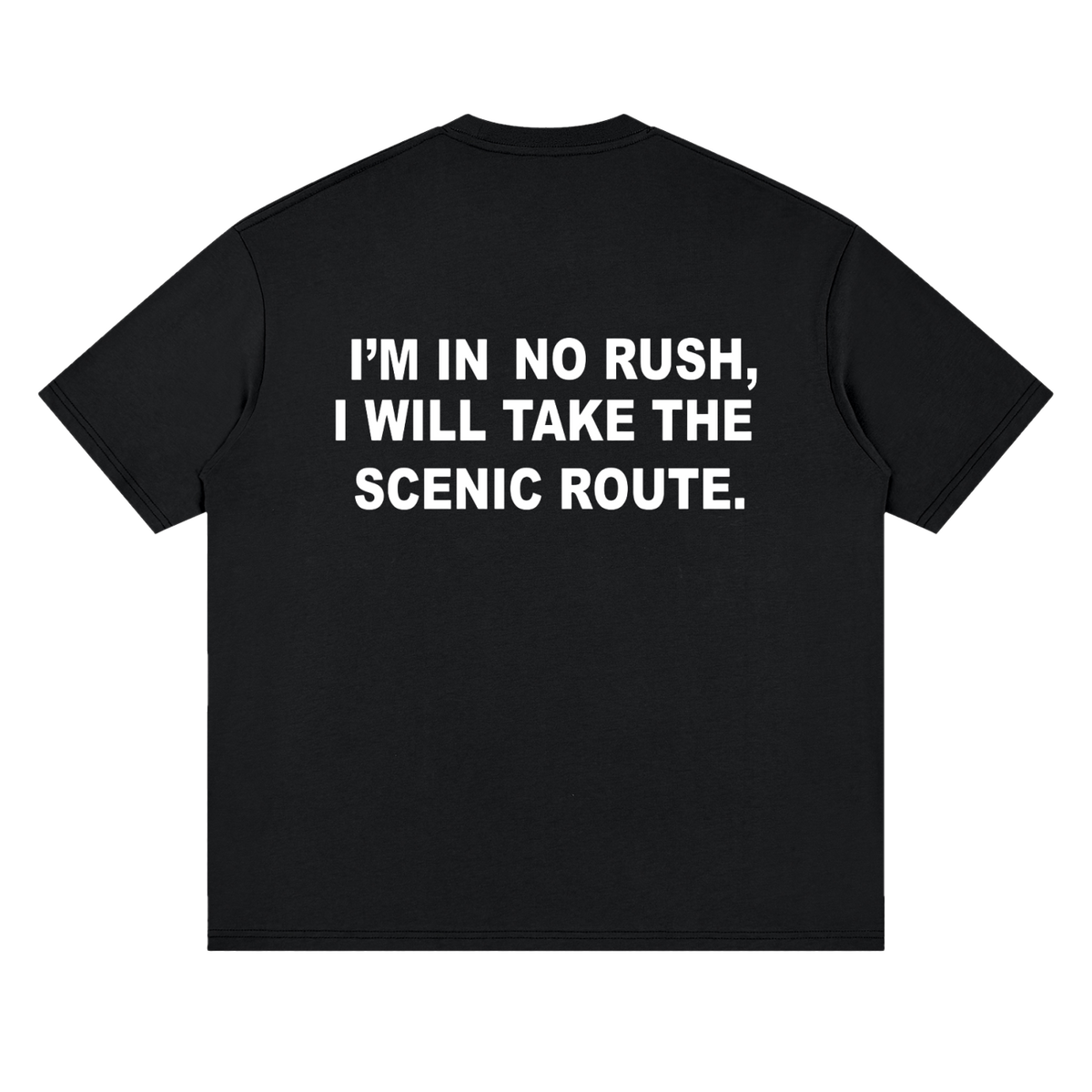 Entry 001 t-shirt in black, shown from the back. Printed across the shoulders: i'm in no rush, i will take the scenic route.