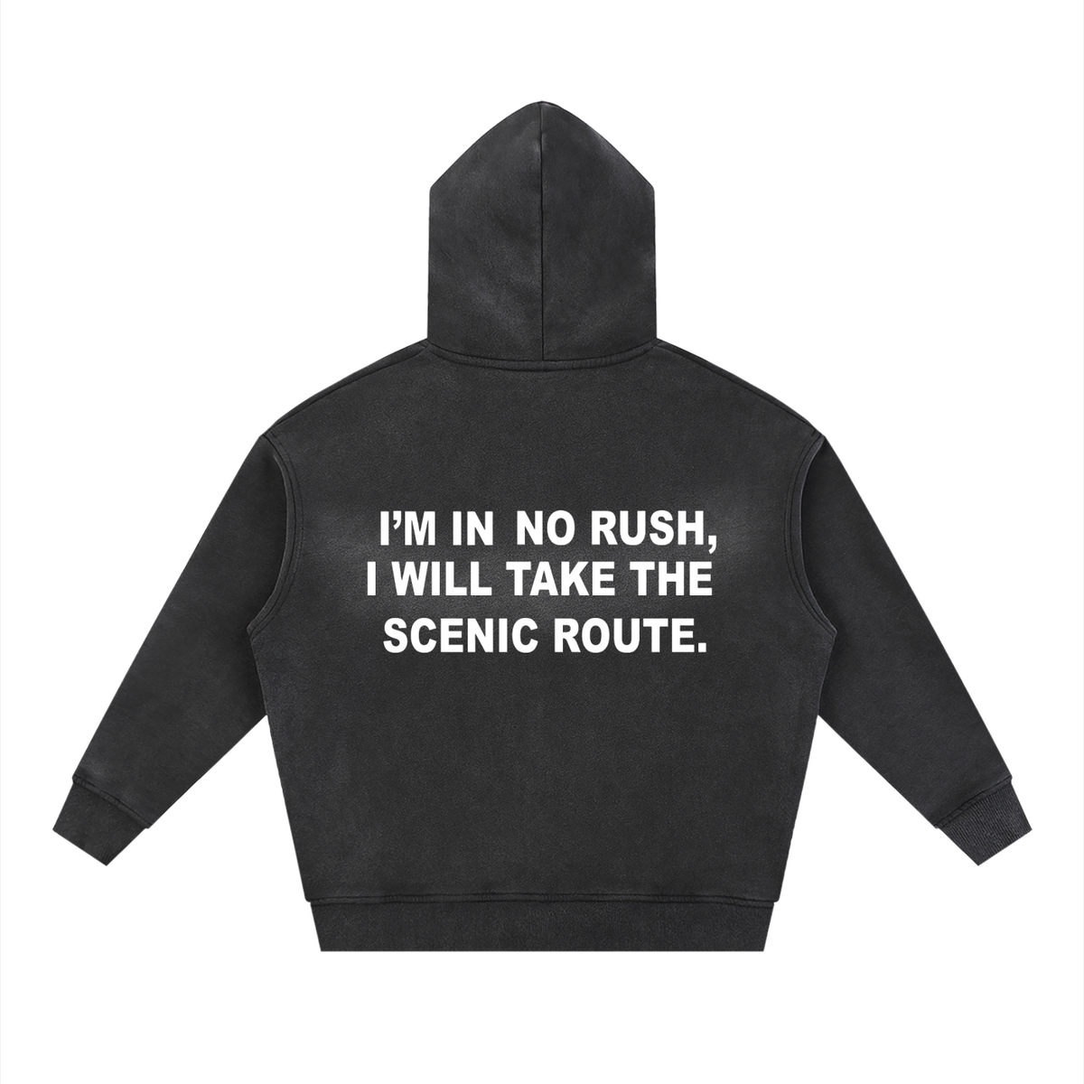 Entry 001 zip-up hoodie in black, shown from the back. Printed across the shoulders: i'm in no rush, i will take the scenic route.