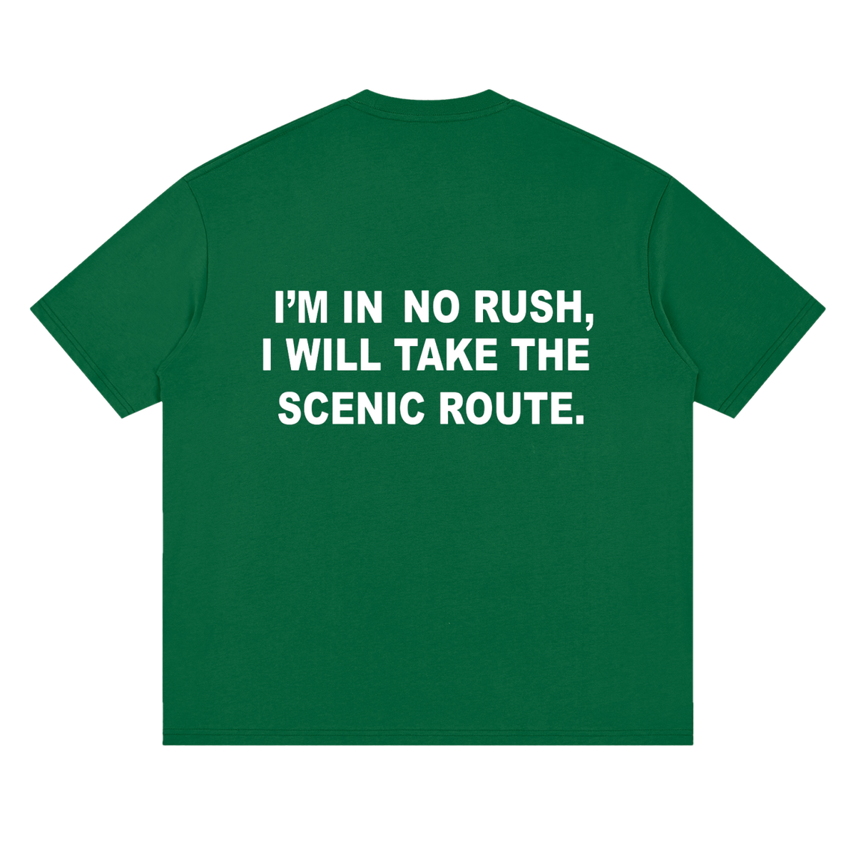 Entry 001 t-shirt in green, laid flat and shown from the back. Printed across the shoulders: i'm in no rush, i will take the scenic route.